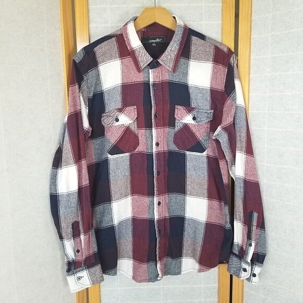 Men's Long Sleeve Button Down Plaid Shirt Size Large Buffalo Check Light Flannel
